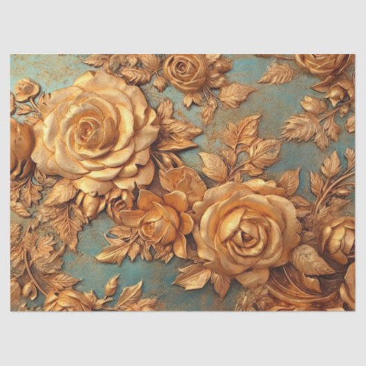Vintage Imitate Gold Rose staubblaue blaue Barocke Seidenpapier (Vorderseite)