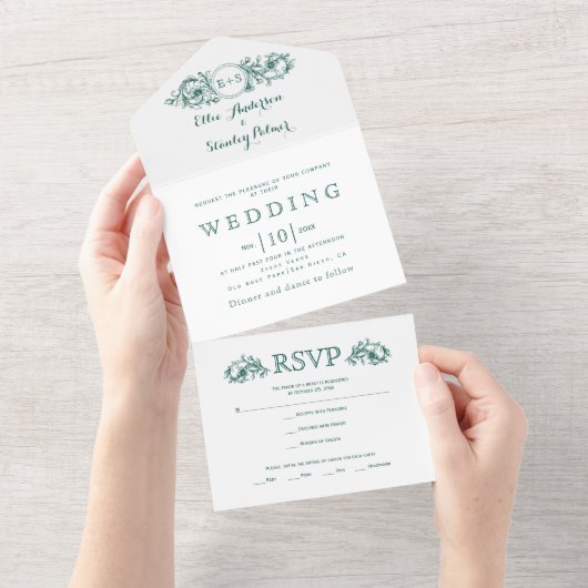 Vintage immergrüne Blütenhochzeit All In One Einladung (Abreißen)
