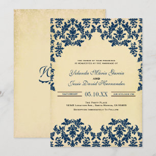 Vintage Indigo, Damast-Hochzeit Einladung
