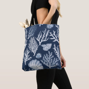 Vintage Indigo Navy Blau Coastal Koralle & Muschel Tasche