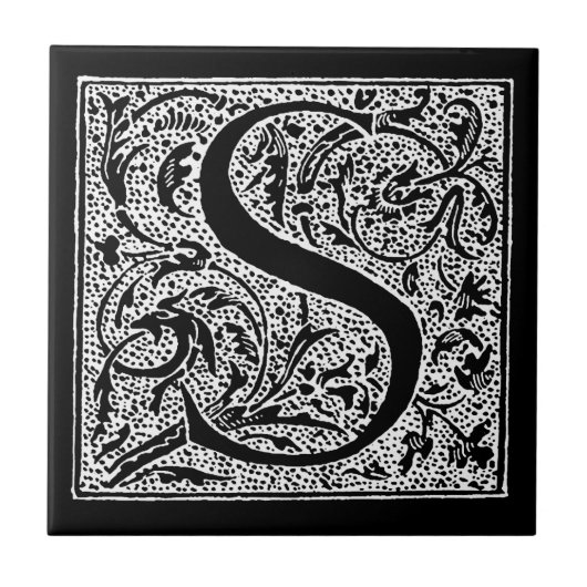 Vintage-Initiale S Monogramm Schwarz Weiß "S" Anfa Fliese (Vorderseite)