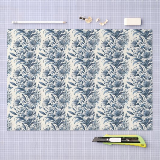 Vintage Inspired Blue & White Floral Toile Seidenpapier (Handwerk)