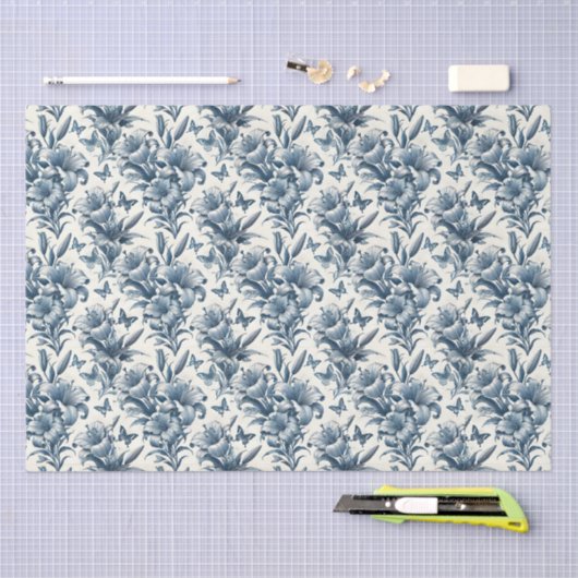 Vintage Inspired Blue & White Floral Toile Seidenpapier (Handwerk)
