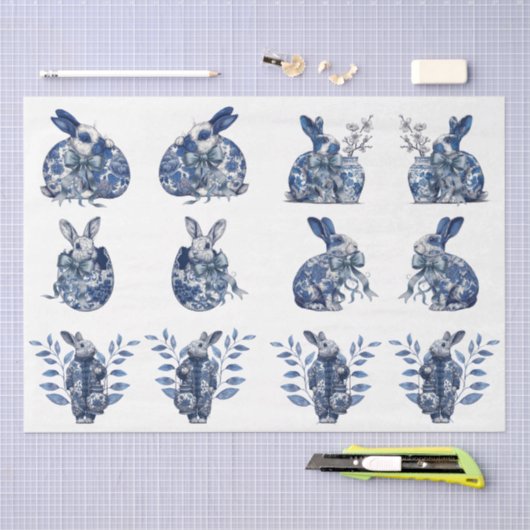 Vintage Inspired Blue & White Rabbits Decoupage Seidenpapier (Handwerk)