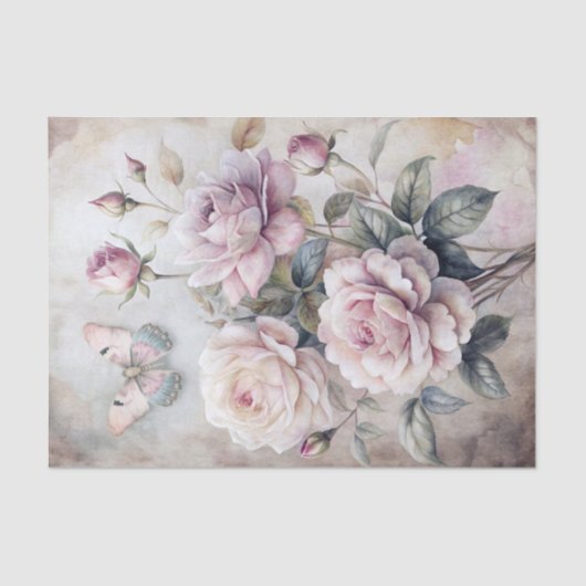 Vintage Inspired Ethereal Pastel Roses & Butterfly Seidenpapier (Vorderseite)