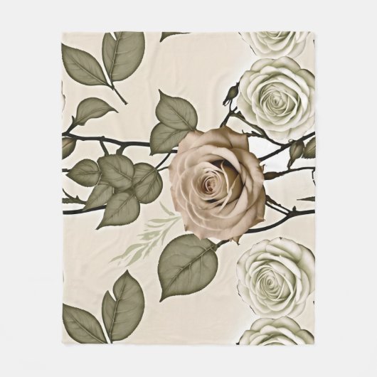 Vintage Inspired Sepia Roses With Green Leaves Fleecedecke (Vorderseite)