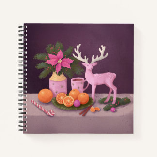 Vintage-inspirierte Feiertags-Stillleben mit rosa Notizblock