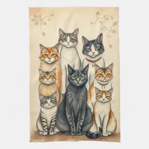 Vintage-Inspirierte Katzenfamilien-Porträt Geschirrtuch