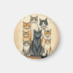 Vintage-Inspirierte Katzenfamilien-Porträt Magnet