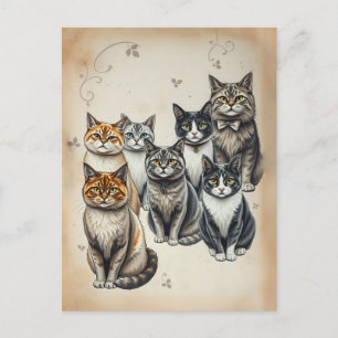 Vintage-Inspirierte Katzenfamilien-Porträt Postkarte