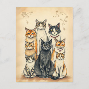 Vintage-Inspirierte Katzenfamilien-Porträt Postkarte