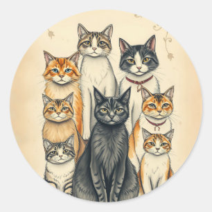 Vintage-Inspirierte Katzenfamilien-Porträt Runder Aufkleber