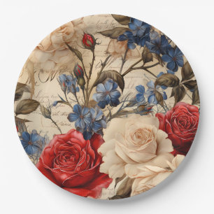 Vintage Inspirierte Rote Rose und Garten Florals Pappteller