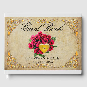 Vintage Inspirierte Rote Rosen und Goldhochzeit Gästebuch