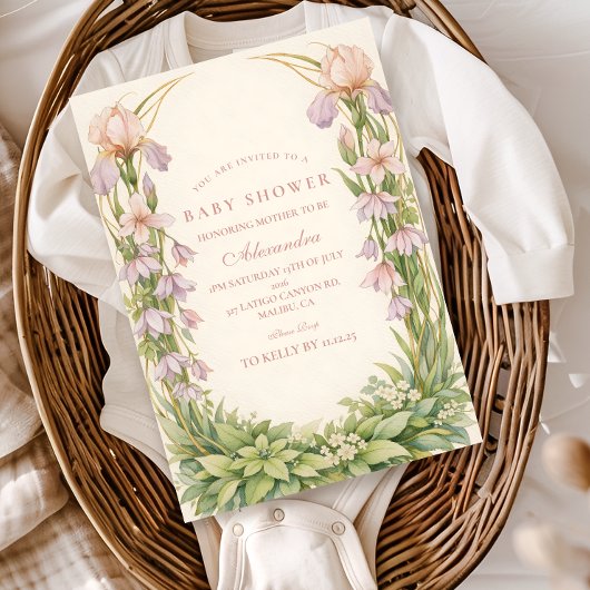 Vintage Iris And Bellflower Botanical Baby Shower Einladung