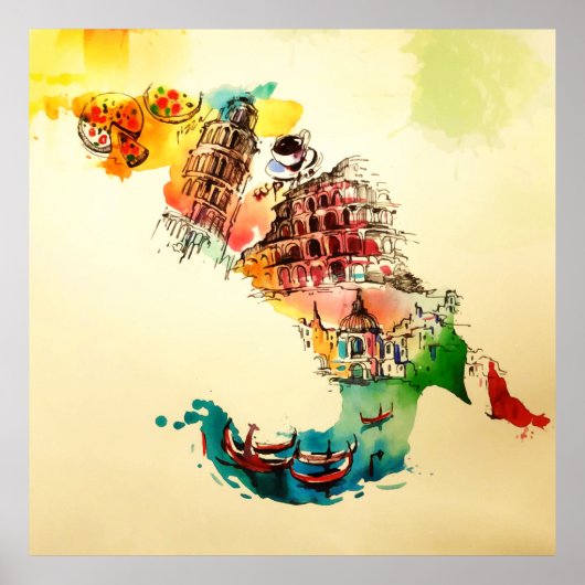 Vintage Italien Karte Liebe Reisen Wasserfarbe Poster (Vorne)