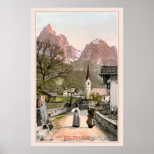 Vintage italienische Alpen: Bergdorf Poster (Vorne)