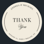 Vintage Ivory & Black Old Money Wedding Thank You Runder Aufkleber<br><div class="desc">Share appreciation with this ivory and black old money wedding thank you sticker, inspired by timeless vintage elegance and classic monochrome styling. The refined ivory and black palette creates a sophisticated aesthetic perfect for luxury weddings, rehearsal dinners, engagement celebrations, bridal showers, and elegant wedding receptions. Ideal for sealing favor boxes,...</div>