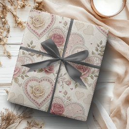 Vintage Ivory Brown Frilled Hearts Rose Pattern Geschenkpapier