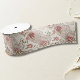 Vintage Ivory Brown Frilled Hearts Rose Pattern Satinband