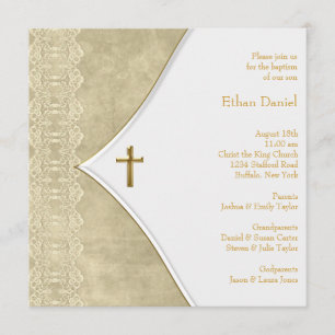 Vintage Ivory Gold Cross Baby Christening Einladung