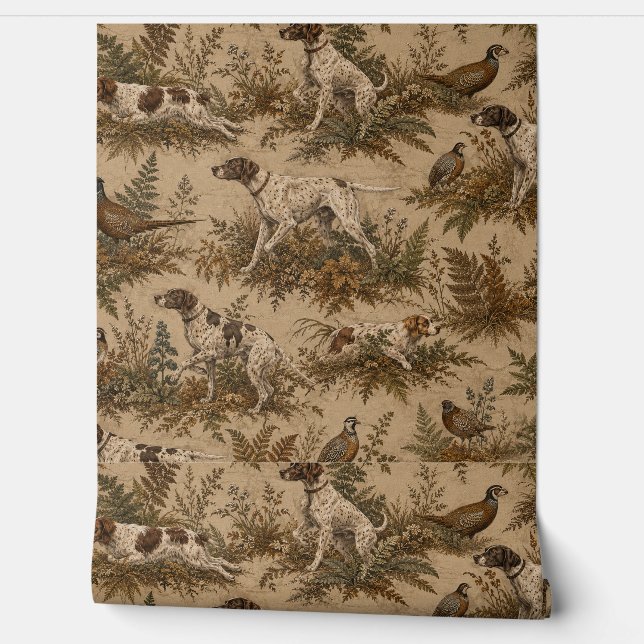 Vintage-Jagdhunde- und Wildvögel-Muster Tapete (Abrollen)