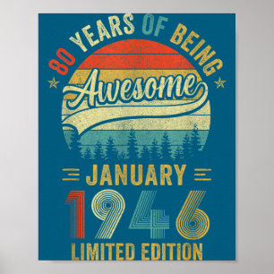 Vintage Januar 1946 Alt 80. Geburtstag Männer Frau Poster