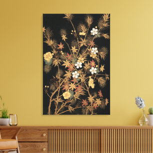 Vintage Japan Herbst Gold Floral Schwarz Kunst Leinwanddruck