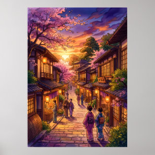 Vintage-Japan-Kimono-Straßen-Landschaftskunst-Druc Poster