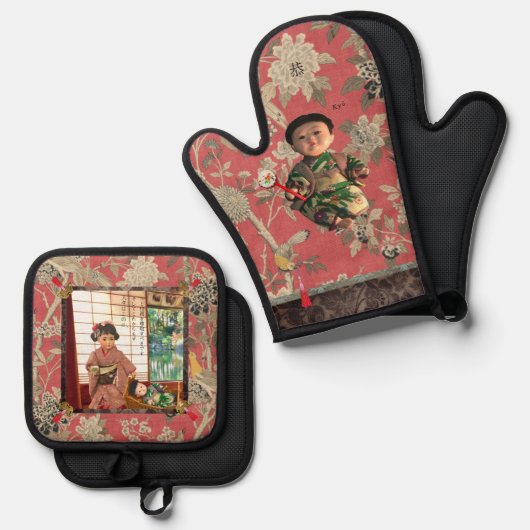 Vintage Japan Ningyo Topflappen Set (Vorderseite/Rückseite)