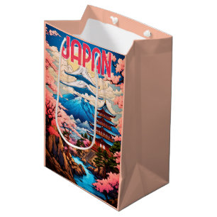 Vintage Japan Pagode und Kirschblütenbäume Mittlere Geschenktüte