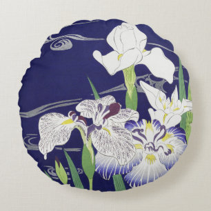 Vintage-Japan-Schwertlilie-Kunstprint Kogyo Tsukio Rundes Kissen