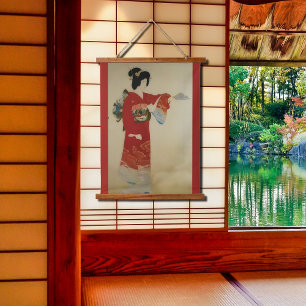 Vintage Japanerin in Rot-Kimono Wandteppich Mit Holzrahmen
