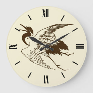 Vintage Japanese Drawing of a Crane, Brown Große Wanduhr