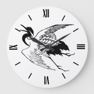 Vintage Japanese Drawing of a Crane Große Wanduhr