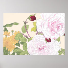 Vintage Japanese Floral Art Blush Pink Rose Poster