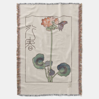 Vintage Japanese Spring Art: Geranium & Butterfly Decke
