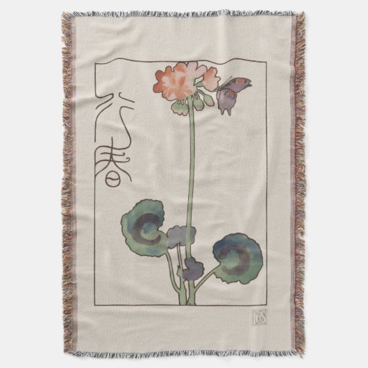 Vintage Japanese Spring Art: Geranium & Butterfly Decke (Vorderseite Vertikal)