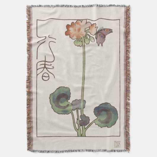 Vintage Japanese Spring Art: Geranium & Butterfly Decke (Vorderseite Vertikal)