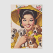 Vintage Japanese Woman and Puppies Seidenpapier (Vorderseite)