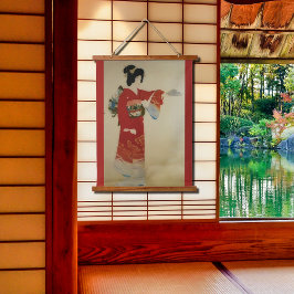 Vintage Japanese woman in red kimono Wandteppich Mit Holzrahmen