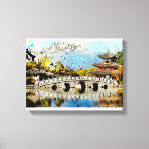 Vintage Japanische Brücke Landschaft Kunst Leinwanddruck