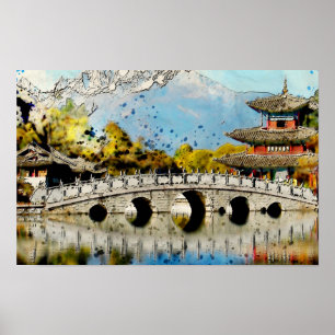 Vintage Japanische Brücke Landschaft Kunst Poster