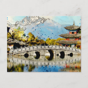 Vintage Japanische Brücke Landschaft Kunst Postkarte