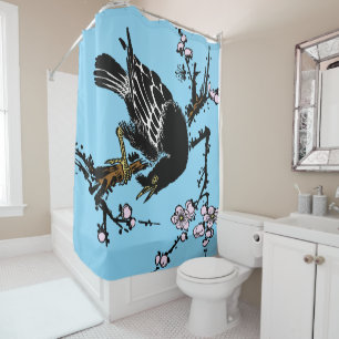 Vintage japanische Crow- und Kirschblüten Duschvorhang