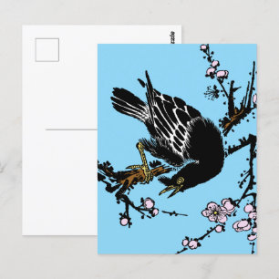 Vintage japanische Crow- und Kirschblüten Postkarte