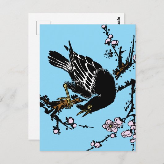 Vintage japanische Crow- und Kirschblüten Postkarte (Vorne/Hinten)