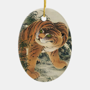 Vintage japanische Edo-Tiger-in-Bambuswald-Kunst Keramik Ornament