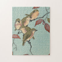 Vintage japanische feine Kunst-Grün-Vögel