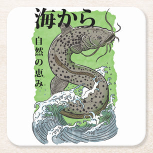 vintage japanische Fischerkunst Wels Rechteckiger Pappuntersetzer